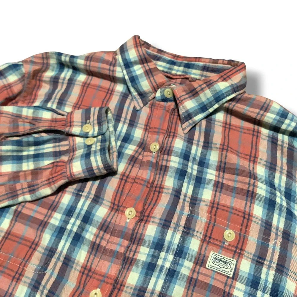 Ralph Lauren Denim Supply Plaid Shirt Mens‎ Large Button Up 100% Cotton Blue